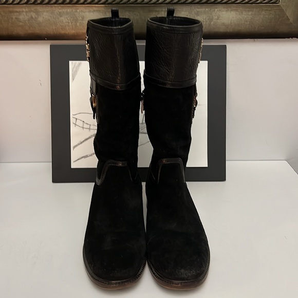 Tory Burch Boots Black Leather Suede Mid Calf Side Zip Logo Women’s Size 8.5 - Picture 5 of 16
